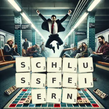 Kreative Illustration für ein Scrabble-Spiel, bei dem das Wort SCHLUSSFEIERN mit Steinen auf dem Brett gelegt wurde.