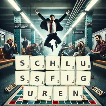 Kreative Illustration für ein Scrabble-Spiel, bei dem das Wort SCHLUSSFIGUREN mit Steinen auf dem Brett gelegt wurde.