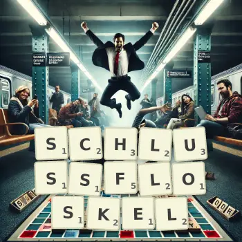 Kreative Illustration für ein Scrabble-Spiel, bei dem das Wort SCHLUSSFLOSKEL mit Steinen auf dem Brett gelegt wurde.