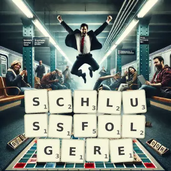 Kreative Illustration für ein Scrabble-Spiel, bei dem das Wort SCHLUSSFOLGERE mit Steinen auf dem Brett gelegt wurde.