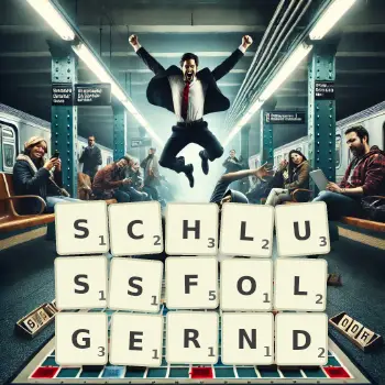 Kreative Illustration für ein Scrabble-Spiel, bei dem das Wort SCHLUSSFOLGERND mit Steinen auf dem Brett gelegt wurde.