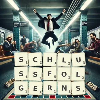 Kreative Illustration für ein Scrabble-Spiel, bei dem das Wort SCHLUSSFOLGERNS mit Steinen auf dem Brett gelegt wurde.