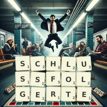 Kreative Illustration für ein Scrabble-Spiel, bei dem das Wort SCHLUSSFOLGERTE mit Steinen auf dem Brett gelegt wurde.
