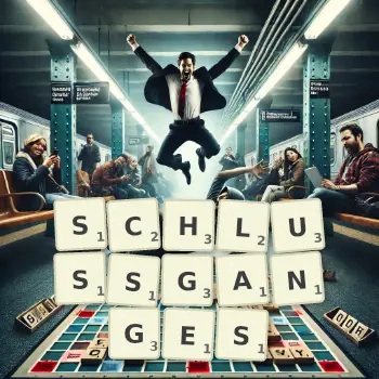 Kreative Illustration für ein Scrabble-Spiel, bei dem das Wort SCHLUSSGANGES mit Steinen auf dem Brett gelegt wurde.