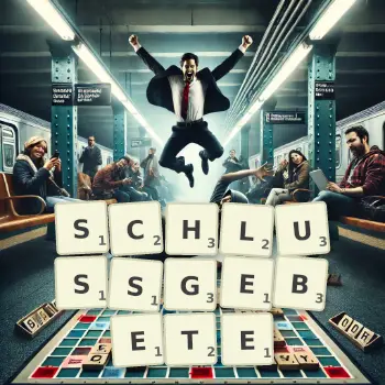 Kreative Illustration für ein Scrabble-Spiel, bei dem das Wort SCHLUSSGEBETE mit Steinen auf dem Brett gelegt wurde.