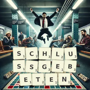 Kreative Illustration für ein Scrabble-Spiel, bei dem das Wort SCHLUSSGEBETEN mit Steinen auf dem Brett gelegt wurde.