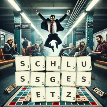 Kreative Illustration für ein Scrabble-Spiel, bei dem das Wort SCHLUSSGESETZ mit Steinen auf dem Brett gelegt wurde.