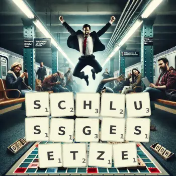 Kreative Illustration für ein Scrabble-Spiel, bei dem das Wort SCHLUSSGESETZE mit Steinen auf dem Brett gelegt wurde.