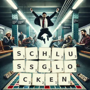 Kreative Illustration für ein Scrabble-Spiel, bei dem das Wort SCHLUSSGLOCKEN mit Steinen auf dem Brett gelegt wurde.