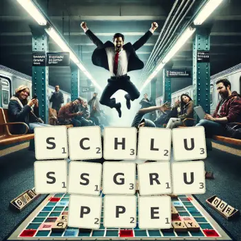 Kreative Illustration für ein Scrabble-Spiel, bei dem das Wort SCHLUSSGRUPPE mit Steinen auf dem Brett gelegt wurde.