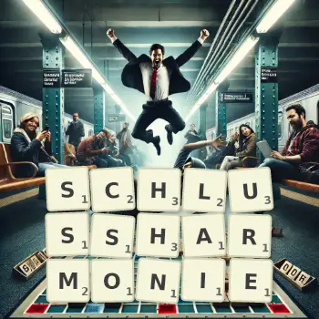 Kreative Illustration für ein Scrabble-Spiel, bei dem das Wort SCHLUSSHARMONIE mit Steinen auf dem Brett gelegt wurde.
