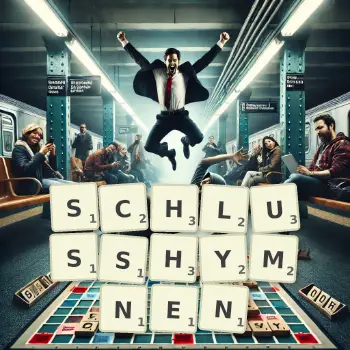 Kreative Illustration für ein Scrabble-Spiel, bei dem das Wort SCHLUSSHYMNEN mit Steinen auf dem Brett gelegt wurde.