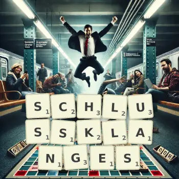 Kreative Illustration für ein Scrabble-Spiel, bei dem das Wort SCHLUSSKLANGES mit Steinen auf dem Brett gelegt wurde.