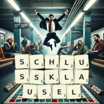 Kreative Illustration für ein Scrabble-Spiel, bei dem das Wort SCHLUSSKLAUSEL mit Steinen auf dem Brett gelegt wurde.