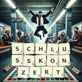 Kreative Illustration für ein Scrabble-Spiel, bei dem das Wort SCHLUSSKONZERT mit Steinen auf dem Brett gelegt wurde.
