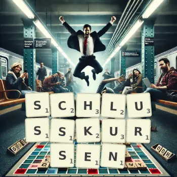 Kreative Illustration für ein Scrabble-Spiel, bei dem das Wort SCHLUSSKURSEN mit Steinen auf dem Brett gelegt wurde.
