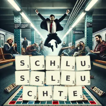 Kreative Illustration für ein Scrabble-Spiel, bei dem das Wort SCHLUSSLEUCHTE mit Steinen auf dem Brett gelegt wurde.