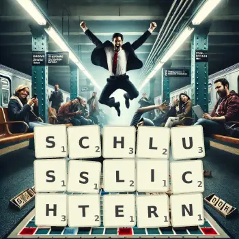 Kreative Illustration für ein Scrabble-Spiel, bei dem das Wort SCHLUSSLICHTERN mit Steinen auf dem Brett gelegt wurde.