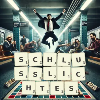 Kreative Illustration für ein Scrabble-Spiel, bei dem das Wort SCHLUSSLICHTES mit Steinen auf dem Brett gelegt wurde.