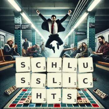 Kreative Illustration für ein Scrabble-Spiel, bei dem das Wort SCHLUSSLICHTS mit Steinen auf dem Brett gelegt wurde.