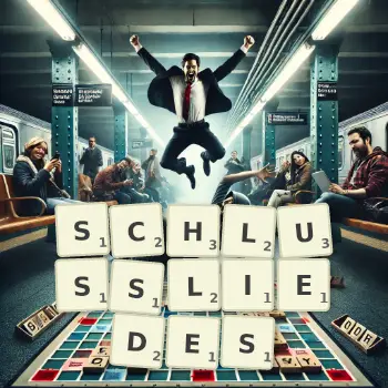 Kreative Illustration für ein Scrabble-Spiel, bei dem das Wort SCHLUSSLIEDES mit Steinen auf dem Brett gelegt wurde.