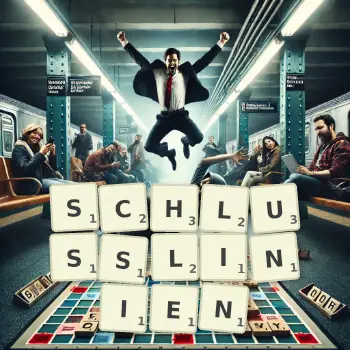 Kreative Illustration für ein Scrabble-Spiel, bei dem das Wort SCHLUSSLINIEN mit Steinen auf dem Brett gelegt wurde.