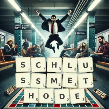 Kreative Illustration für ein Scrabble-Spiel, bei dem das Wort SCHLUSSMETHODE mit Steinen auf dem Brett gelegt wurde.