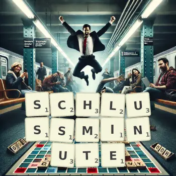 Kreative Illustration für ein Scrabble-Spiel, bei dem das Wort SCHLUSSMINUTE mit Steinen auf dem Brett gelegt wurde.