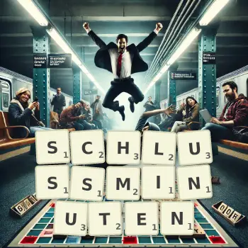 Kreative Illustration für ein Scrabble-Spiel, bei dem das Wort SCHLUSSMINUTEN mit Steinen auf dem Brett gelegt wurde.