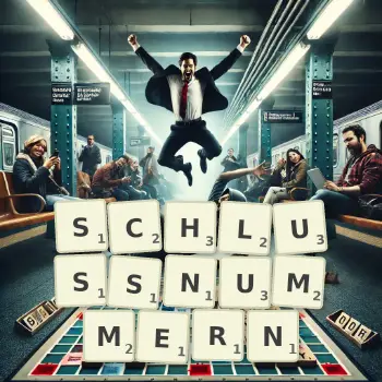 Kreative Illustration für ein Scrabble-Spiel, bei dem das Wort SCHLUSSNUMMERN mit Steinen auf dem Brett gelegt wurde.