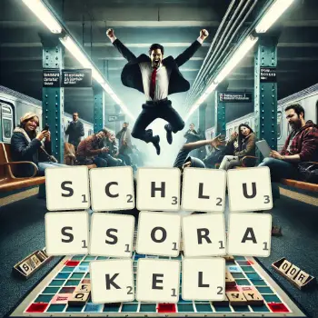 Kreative Illustration für ein Scrabble-Spiel, bei dem das Wort SCHLUSSORAKEL mit Steinen auf dem Brett gelegt wurde.