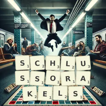 Kreative Illustration für ein Scrabble-Spiel, bei dem das Wort SCHLUSSORAKELS mit Steinen auf dem Brett gelegt wurde.