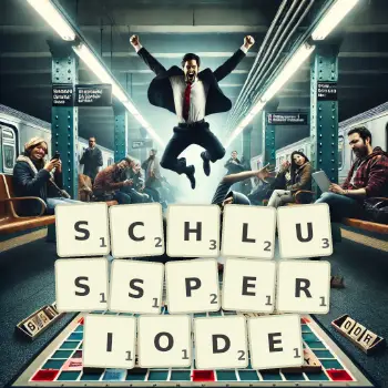 Kreative Illustration für ein Scrabble-Spiel, bei dem das Wort SCHLUSSPERIODE mit Steinen auf dem Brett gelegt wurde.