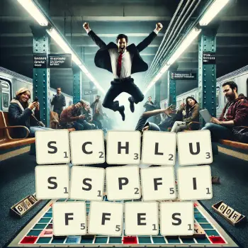 Kreative Illustration für ein Scrabble-Spiel, bei dem das Wort SCHLUSSPFIFFES mit Steinen auf dem Brett gelegt wurde.