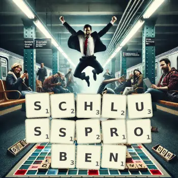 Kreative Illustration für ein Scrabble-Spiel, bei dem das Wort SCHLUSSPROBEN mit Steinen auf dem Brett gelegt wurde.