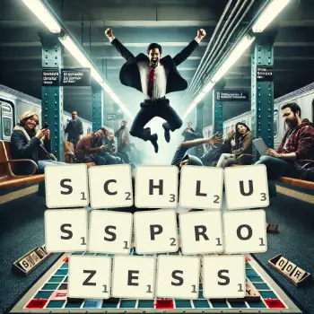 Kreative Illustration für ein Scrabble-Spiel, bei dem das Wort SCHLUSSPROZESS mit Steinen auf dem Brett gelegt wurde.