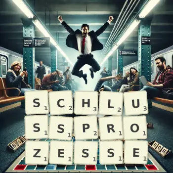 Kreative Illustration für ein Scrabble-Spiel, bei dem das Wort SCHLUSSPROZESSE mit Steinen auf dem Brett gelegt wurde.