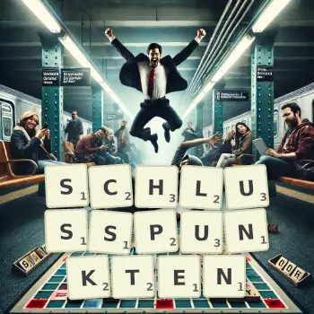 Kreative Illustration für ein Scrabble-Spiel, bei dem das Wort SCHLUSSPUNKTEN mit Steinen auf dem Brett gelegt wurde.