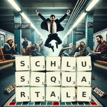 Kreative Illustration für ein Scrabble-Spiel, bei dem das Wort SCHLUSSQUARTALE mit Steinen auf dem Brett gelegt wurde.
