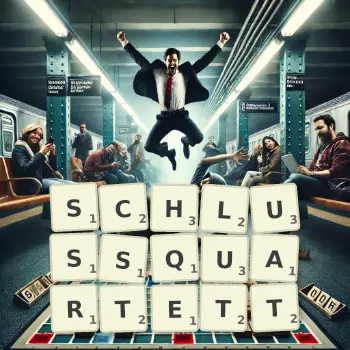 Kreative Illustration für ein Scrabble-Spiel, bei dem das Wort SCHLUSSQUARTETT mit Steinen auf dem Brett gelegt wurde.