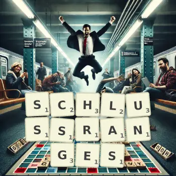 Kreative Illustration für ein Scrabble-Spiel, bei dem das Wort SCHLUSSRANGES mit Steinen auf dem Brett gelegt wurde.