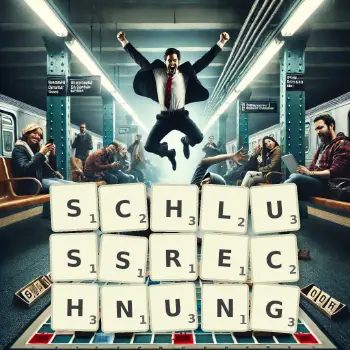 Kreative Illustration für ein Scrabble-Spiel, bei dem das Wort SCHLUSSRECHNUNG mit Steinen auf dem Brett gelegt wurde.
