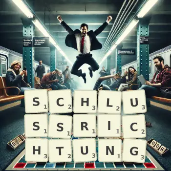 Kreative Illustration für ein Scrabble-Spiel, bei dem das Wort SCHLUSSRICHTUNG mit Steinen auf dem Brett gelegt wurde.