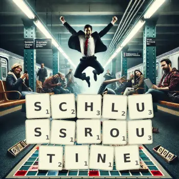 Kreative Illustration für ein Scrabble-Spiel, bei dem das Wort SCHLUSSROUTINE mit Steinen auf dem Brett gelegt wurde.