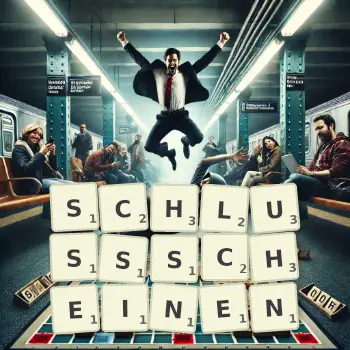 Kreative Illustration für ein Scrabble-Spiel, bei dem das Wort SCHLUSSSCHEINEN mit Steinen auf dem Brett gelegt wurde.