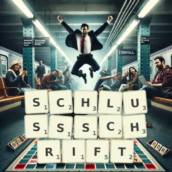 Kreative Illustration für ein Scrabble-Spiel, bei dem das Wort SCHLUSSSCHRIFT mit Steinen auf dem Brett gelegt wurde.