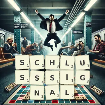 Kreative Illustration für ein Scrabble-Spiel, bei dem das Wort SCHLUSSSIGNAL mit Steinen auf dem Brett gelegt wurde.