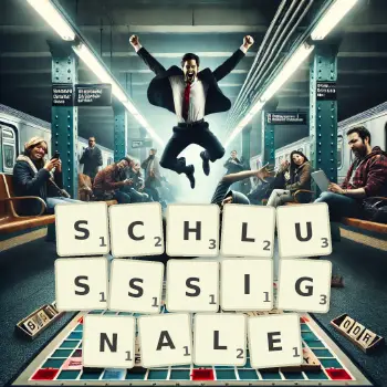 Kreative Illustration für ein Scrabble-Spiel, bei dem das Wort SCHLUSSSIGNALE mit Steinen auf dem Brett gelegt wurde.