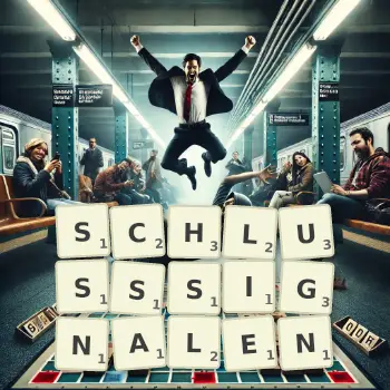 Kreative Illustration für ein Scrabble-Spiel, bei dem das Wort SCHLUSSSIGNALEN mit Steinen auf dem Brett gelegt wurde.