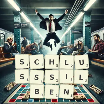 Kreative Illustration für ein Scrabble-Spiel, bei dem das Wort SCHLUSSSILBEN mit Steinen auf dem Brett gelegt wurde.